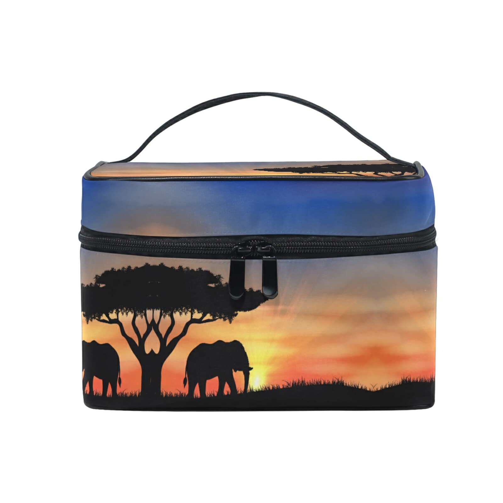 Elephant Print Sunset Tree Cosmetic Bag - Waterproof Zippered Makeup Pouch & Toiletry Organizer for Women & Girls | Perfect for Travel, Gym, and Daily Essentials Storage