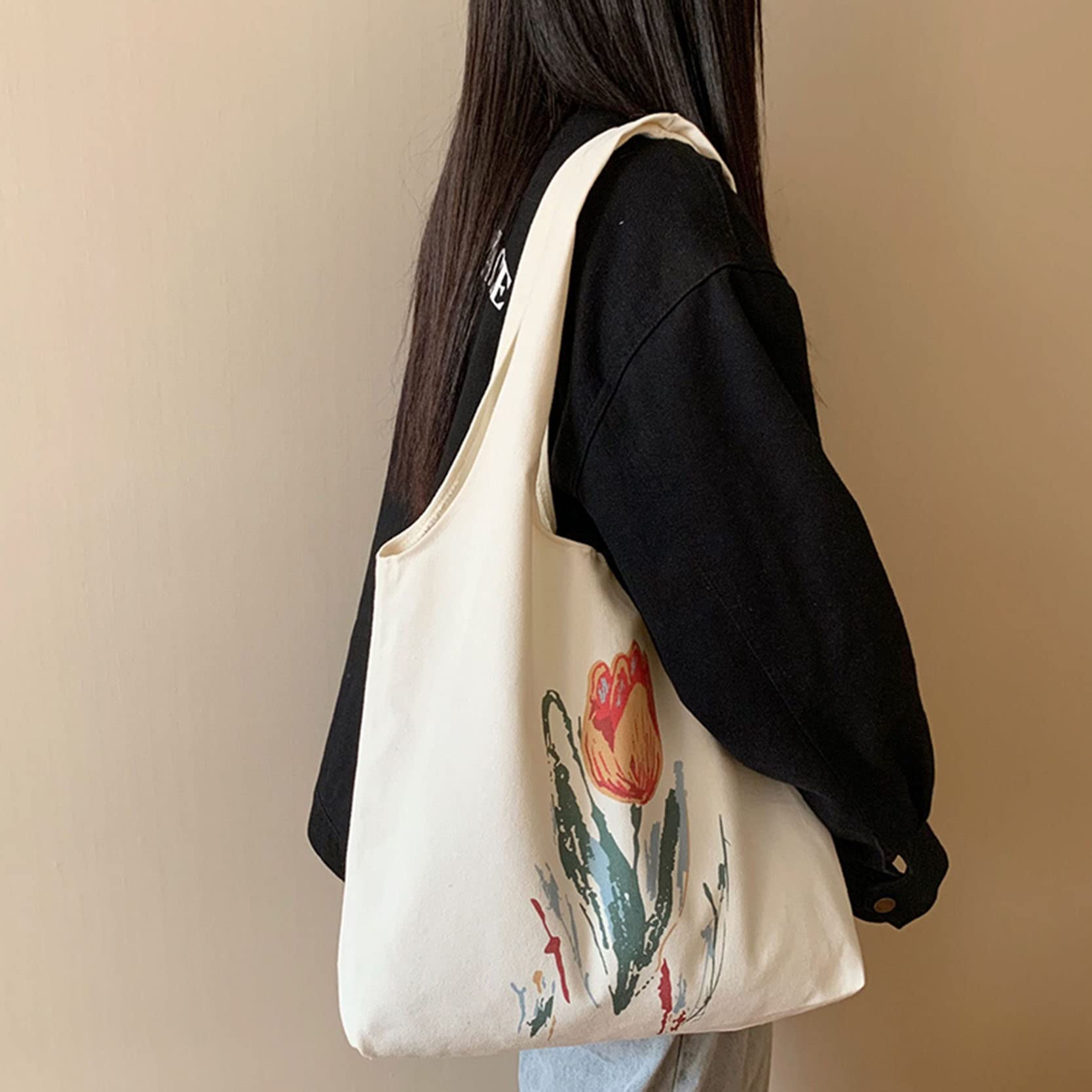 Minimalist Floral Canvas Tote Bag for Women - Cute Reusable Grocery Bag with Aesthetic Flower Design | Perfect for Shopping, Beach Trips & Daily Use