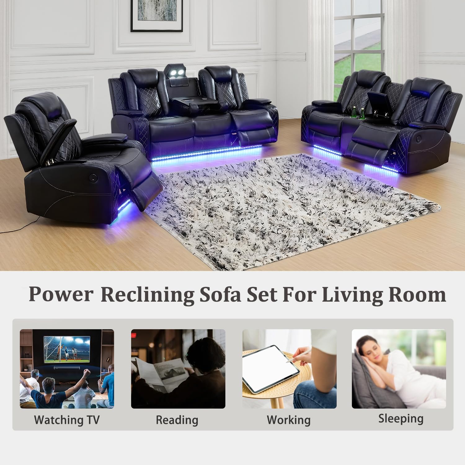 Power Reclining Sofa Set with USB Ports - Modern Leather Recliner Couches for Living Room, Apartment, Office & Home Theater - Comfortable Black Reclining Chair for Relaxing, Entertaining & Movie Nights
