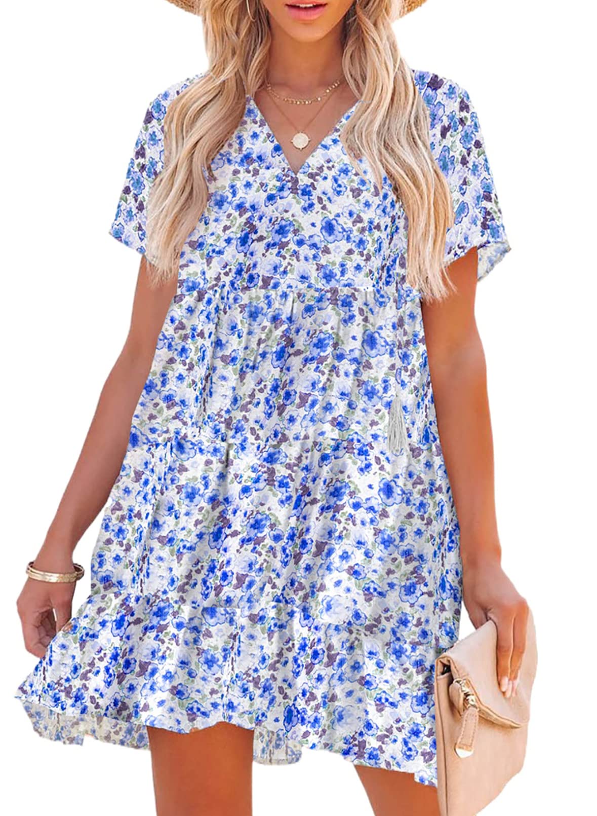 ASVIVID Women's Boho Summer Floral Dress - Casual V-Neck Ruffle Mini Dress with Short Sleeves, A-Line Swing Dress for Beach Vacation, Date Night & Summer Outings