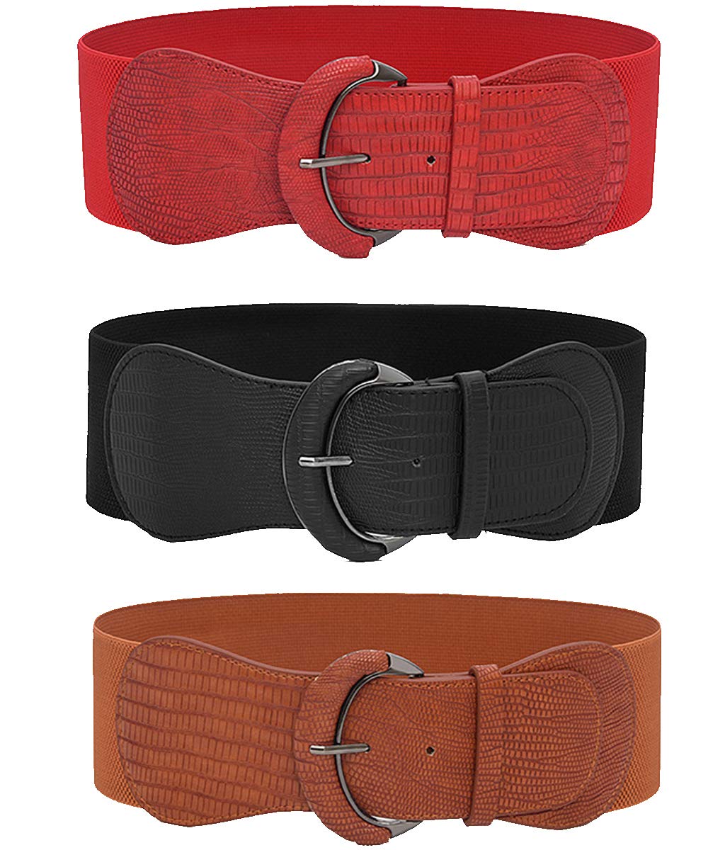 3-Piece Women's Wide Elastic Waist Belts - Genuine Leather Adjustable Fashion Belts for Dresses & Skirts - Stylish Decorative Belt Hooks - Perfect for Office, Party & Casual Outfits