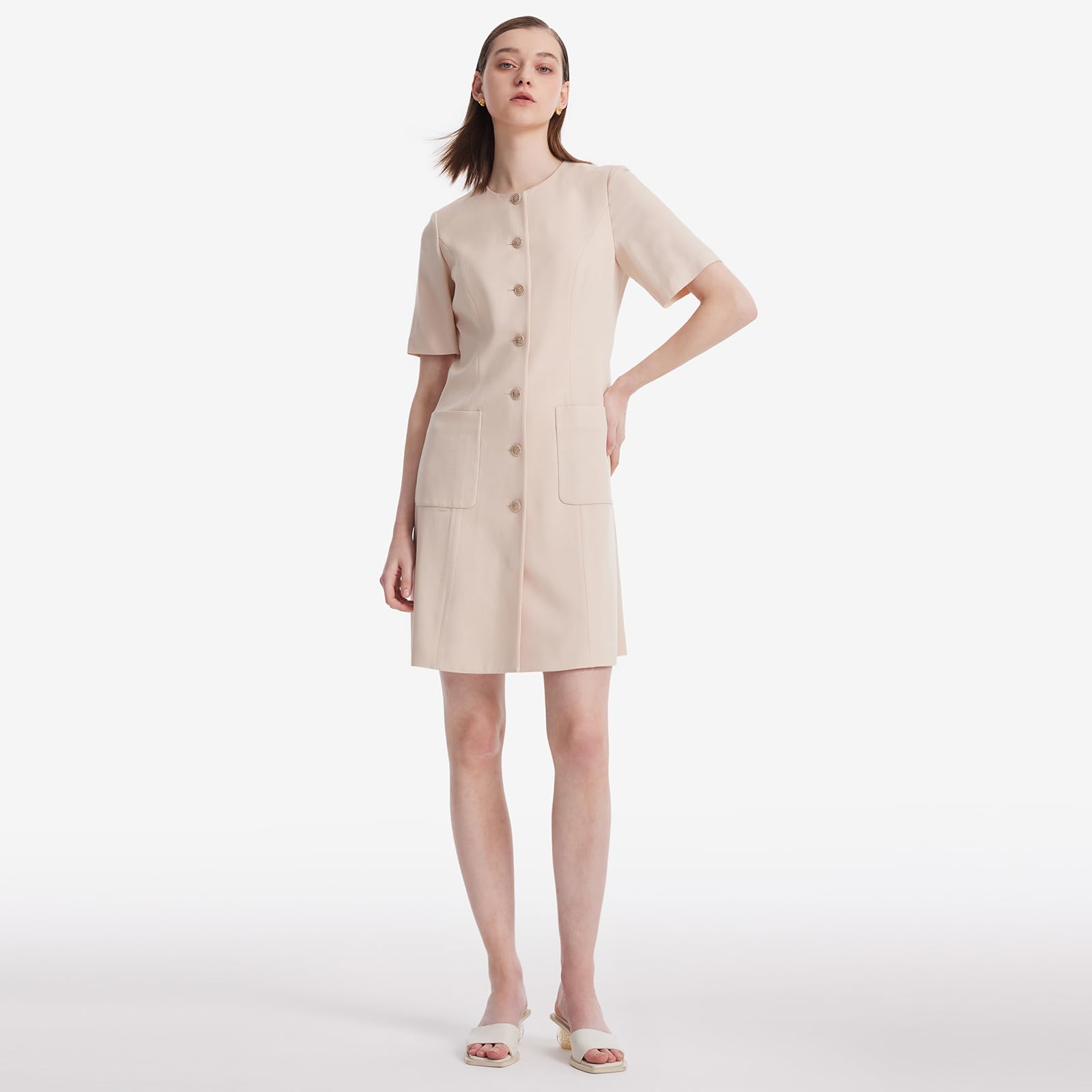Women's Triacetate Black Mini Dress - Business Casual A-Line V-Neck Button Front Dress for Office Work & Teaching | Perfect for Professional Workwear, Business Meetings, and Smart Casual Occasions