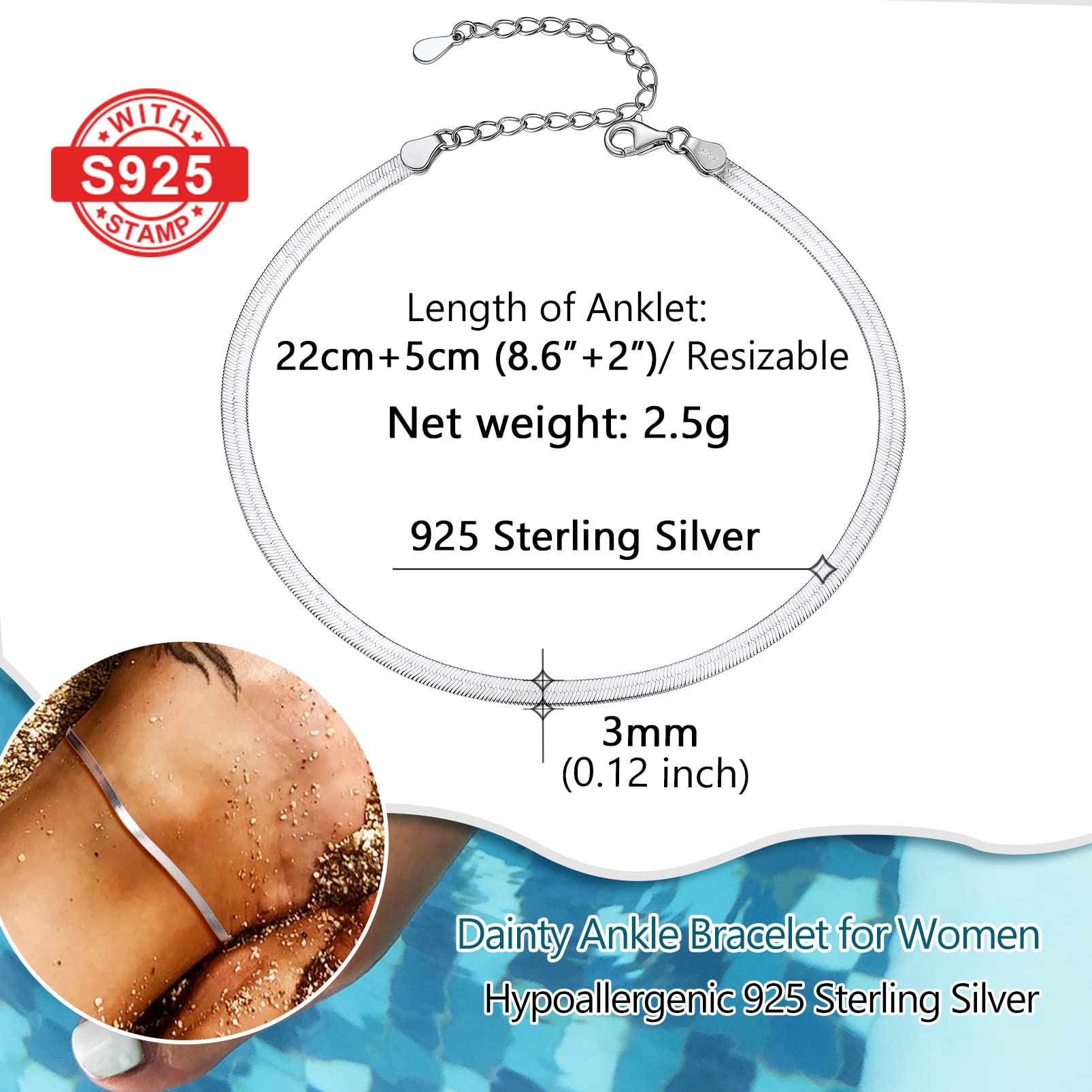 Sterling Silver Ankle Bracelets for Women - Adjustable 8.6-10.6
