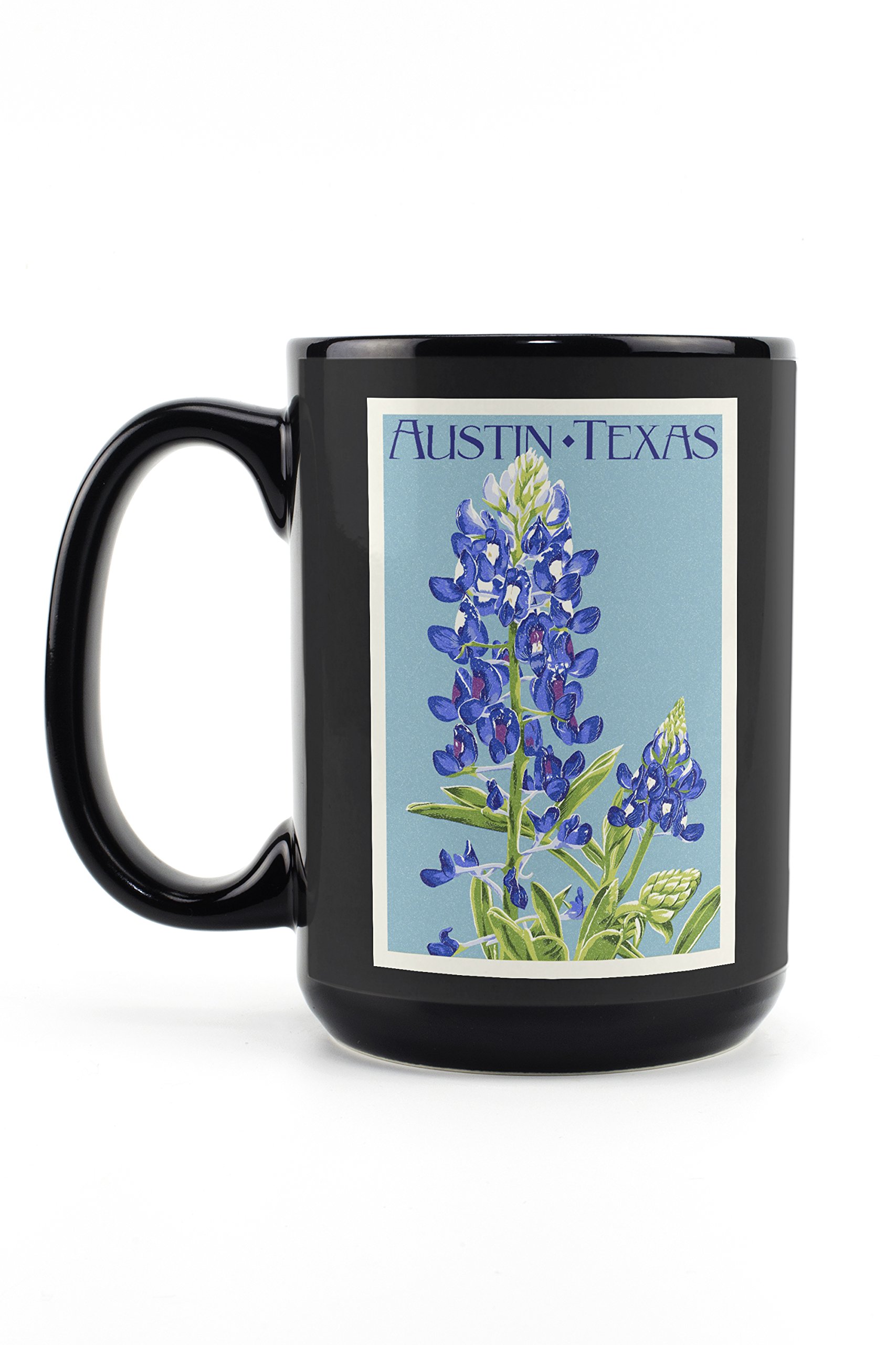 Bluebonnet Letterpress Texas Austin 15oz Black Ceramic Coffee Mug - Dishwasher & Microwave Safe - Perfect for Home, Office & Gifts