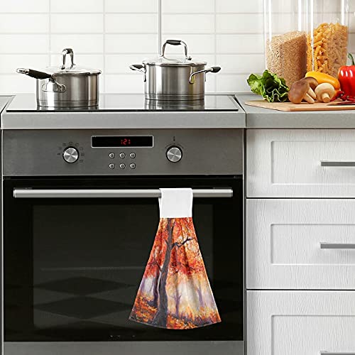 Autumn Maple Forest Kitchen Hanging Hand Towels Set of 2 - Fall Scenery Oil Painting Design, Absorbent Cotton Loop Towels for Thanksgiving - Perfect for Kitchen, Bathroom, Restroom Decor & Holiday Home Decorating