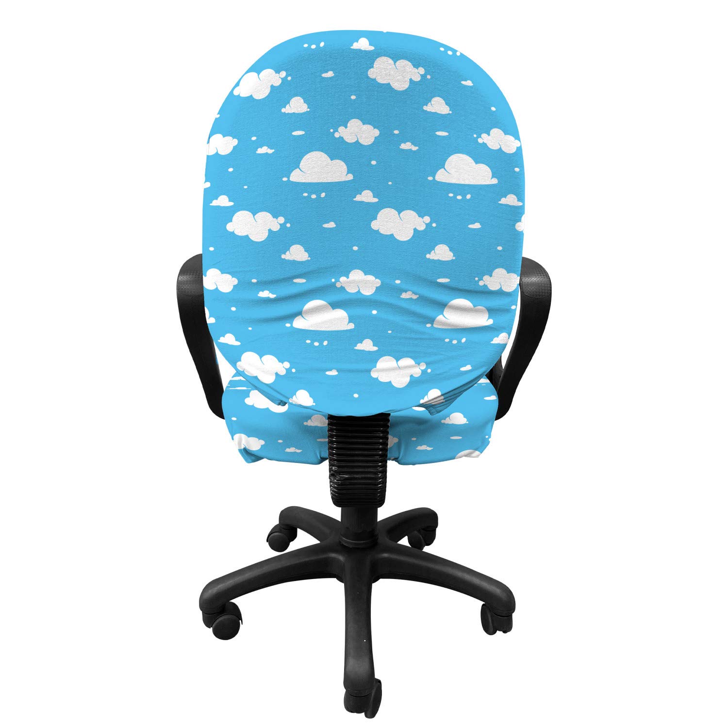 Ambesonne Sky Blue Office Chair Slipcover - Fluffy Clouds Design, Stretchable Fabric Protector for Home & Office - Cheerful Cartoon Illustration in Deep Blue & White - Perfect for Workspace Decor & Comfort