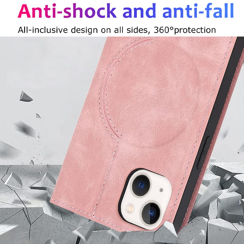 QLTYPRI Magnetic Wallet Case for iPhone 13/14 - Magsafe Compatible RFID Blocking PU Leather Flip Cover with Card Slots & Kickstand | Shockproof Protective Phone Case in Rose Gold | Perfect for Travel, Work & Everyday Use