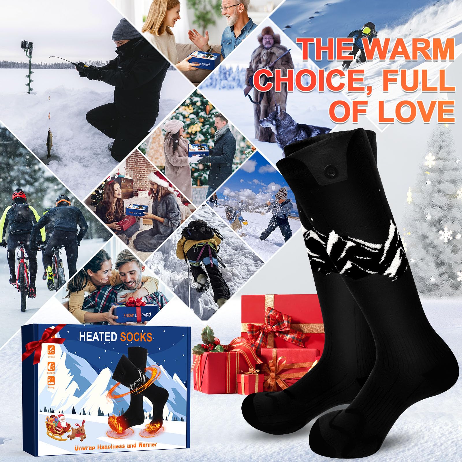 SNOW LEOPARD Rechargeable Heated Socks for Men & Women - 5000mAh Battery Electric Warming Socks with APP Control, Machine Washable Winter Foot Warmers for Skiing, Hiking, Riding & Outdoor Activities