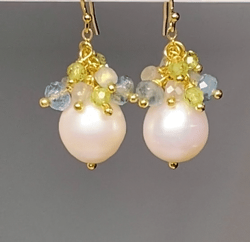 Gold Filled Pearl & Aquamarine Cluster Earrings with Labradorite & Peridot | Elegant Boho Jewelry for Women, Perfect for Weddings, Parties & Everyday Wear