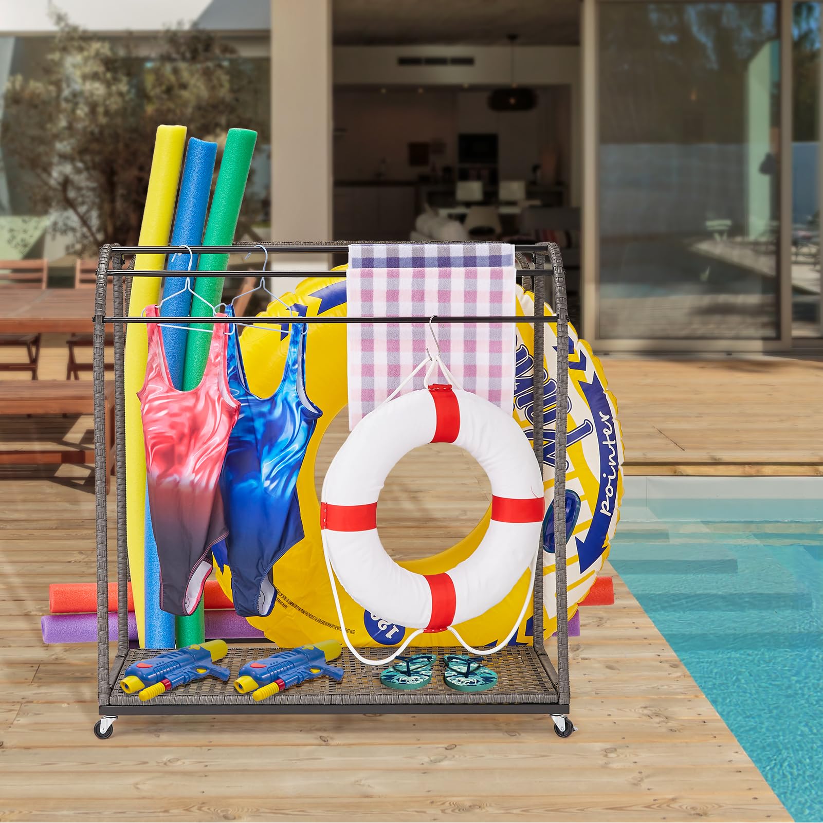 IdealHouse Freestanding Rattan Weaving Poolside Towel Rack - 5-Bar Outdoor/Indoor Storage Organizer for Towels, Pool Floats, Noodles & Swimming Rings - Perfect for Patio, Beach House & Poolside Decor