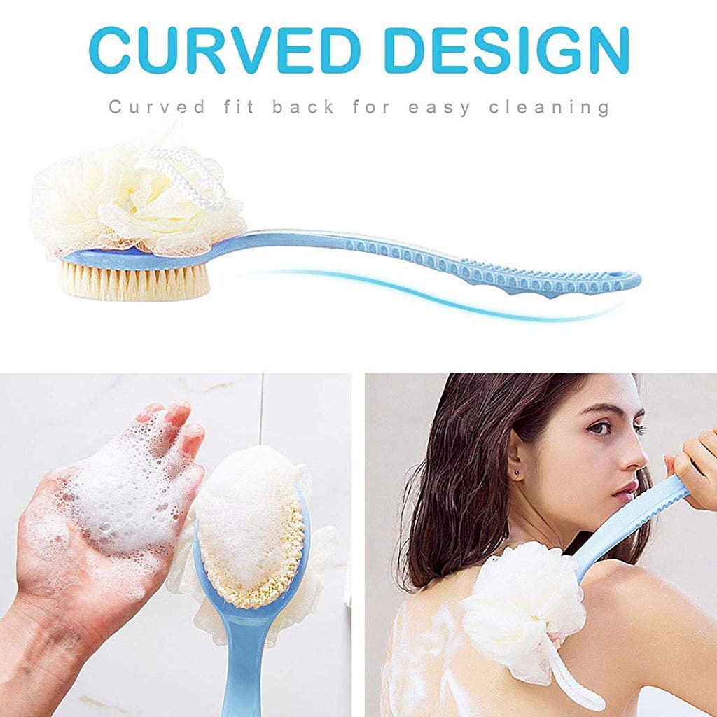 **TRS Back Scrubber Body Brush with Loofah & Mesh Sponge – Exfoliating Dry Brushing Shower Brush with Curved Handle for Men & Women – Pack of 1 – Perfect for Detox, Skin Renewal & Spa-Like Bath Experience**