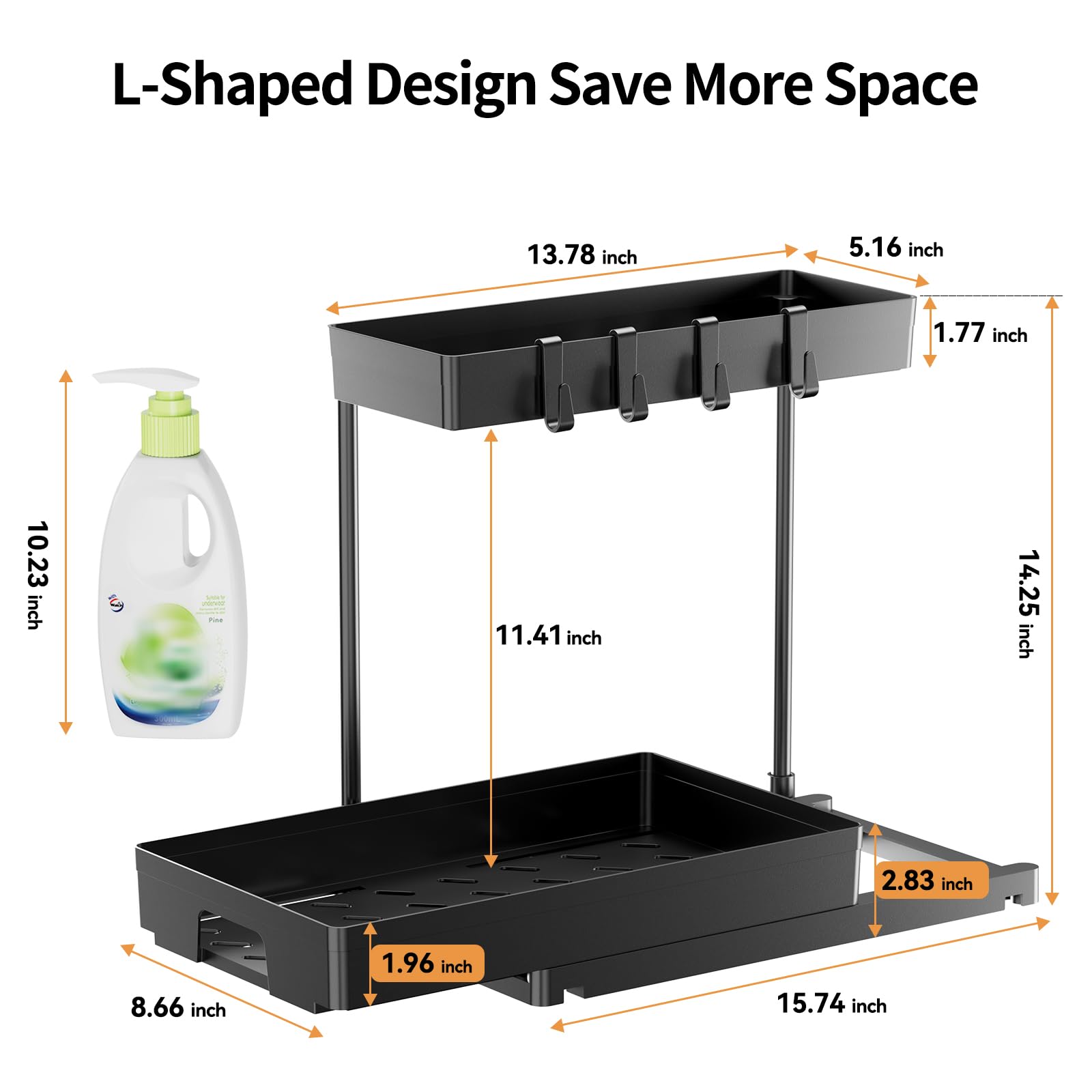 Delamu 2 Pack Under Sink Organizer Set - 2 Tier Pull Out Cabinet Organizer for Bathroom & Kitchen, L-Shaped Black Sink Storage with Drawer - Perfect for Organizing Cleaning Supplies, Toiletries & Kitchen Essentials Under Sink