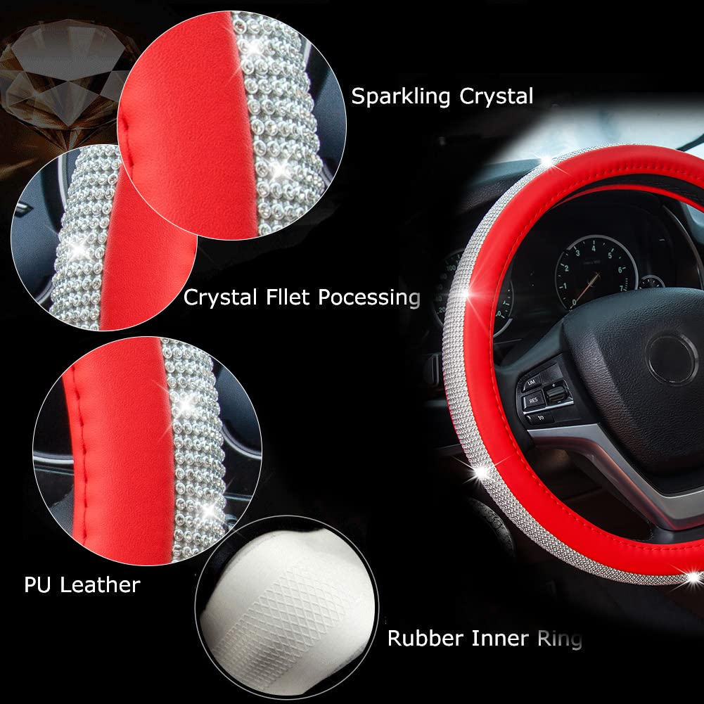 Diamond Leather Steering Wheel Cover with Crystal Rhinestones - Universal 15 Inch Fit for Cars, SUVs & Trucks | Luxury Car Accessory for Women & Girls (Red) - Perfect for Daily Commute & Road Trips