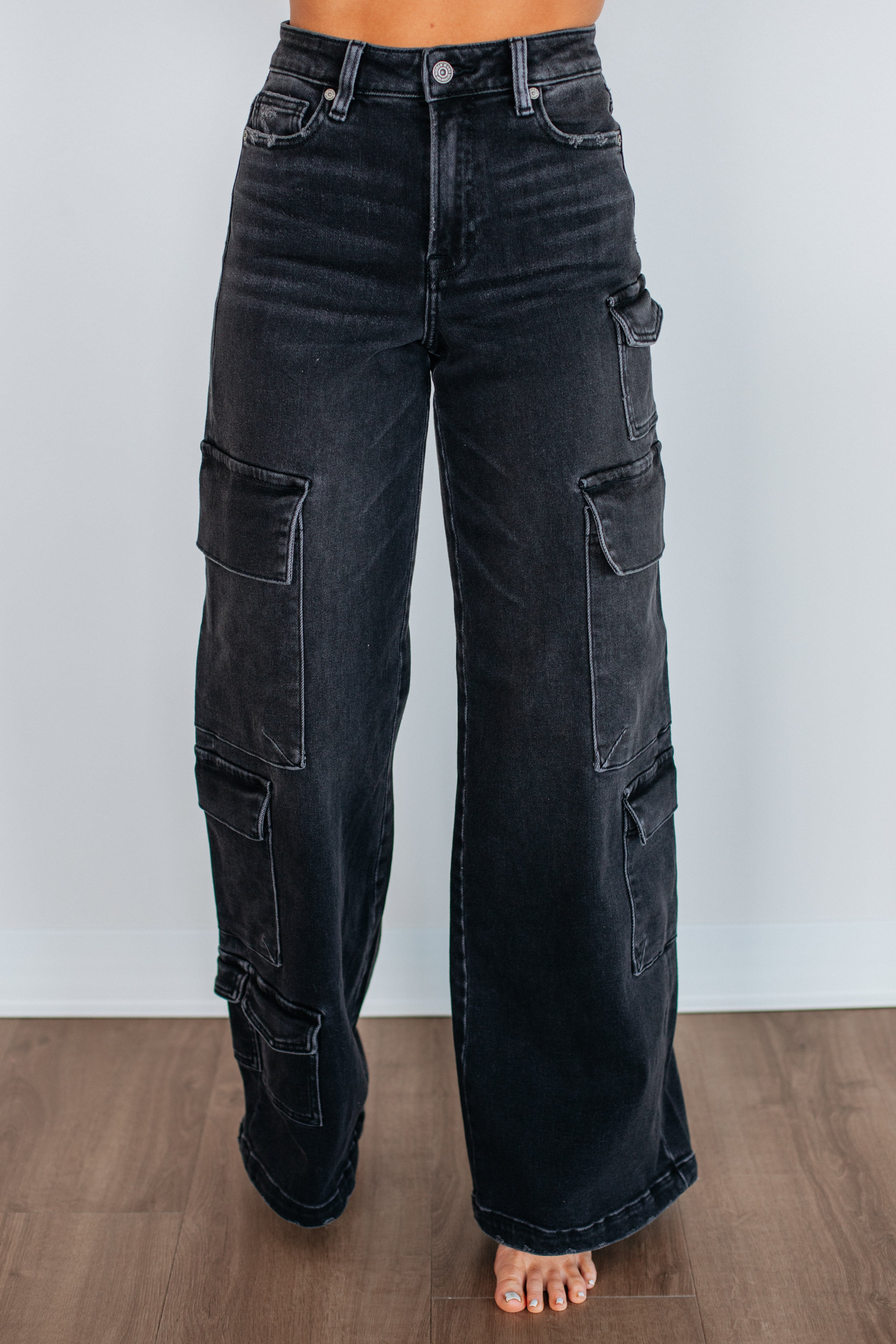 Vintage Black Nori Hidden Cargo Jeans for Women - Stylish Utility Pants with Secret Pockets for Travel, Hiking & Everyday Wear