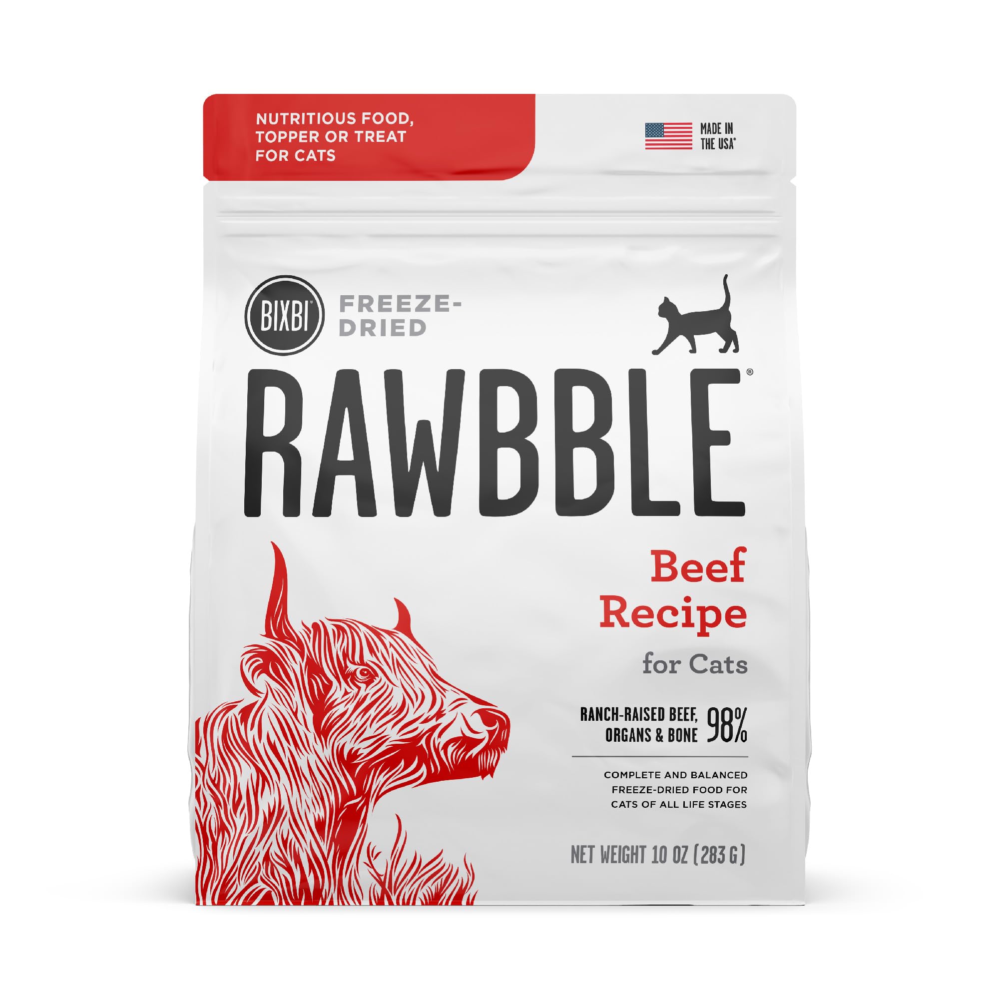 BIXBI Rawbble Freeze Dried Cat Food - Beef Recipe 10oz | 97% Meat & Organs | Grain-Free Raw Cat Food | USA Made in Small Batches | Perfect for Meals, Treats or Food Toppers | Ideal for Indoor Cats, Senior Cats & Picky Eaters