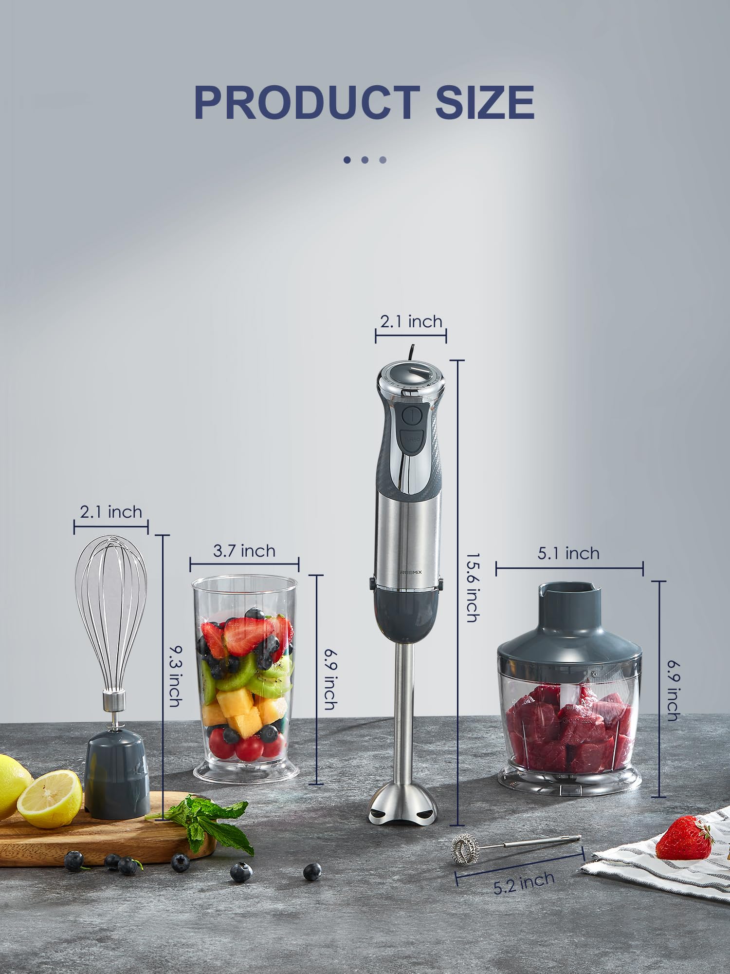 5-in-1 Immersion Hand Blender 1000W - Powerful Stainless Steel Stick Blender with Copper Motor, Mixing Beaker, Whisk & Milk Frother - Perfect for Smoothies, Baby Food Puree, Soups & Kitchen Prep (Gray)