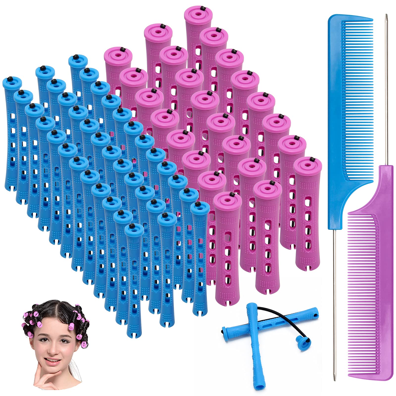 Ahier 62 PCS Hair Perm Rods Set - 60 Short Cold Wave Rods & 2 Stainless Steel Rat Tail Combs for Professional Hair Styling & Salon Supplies - Perfect for Home Use, DIY Curls & Perms