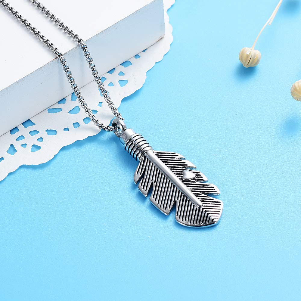 Oinsi Stainless Steel Feather Urn Necklace - Cremation Ashes Memorial Jewelry Keepsake for Loved Ones with Gift Box & Fill Kit (Heart Feather, Silver Tone) - Perfect for Remembrance, Funeral Services & Everyday Wear