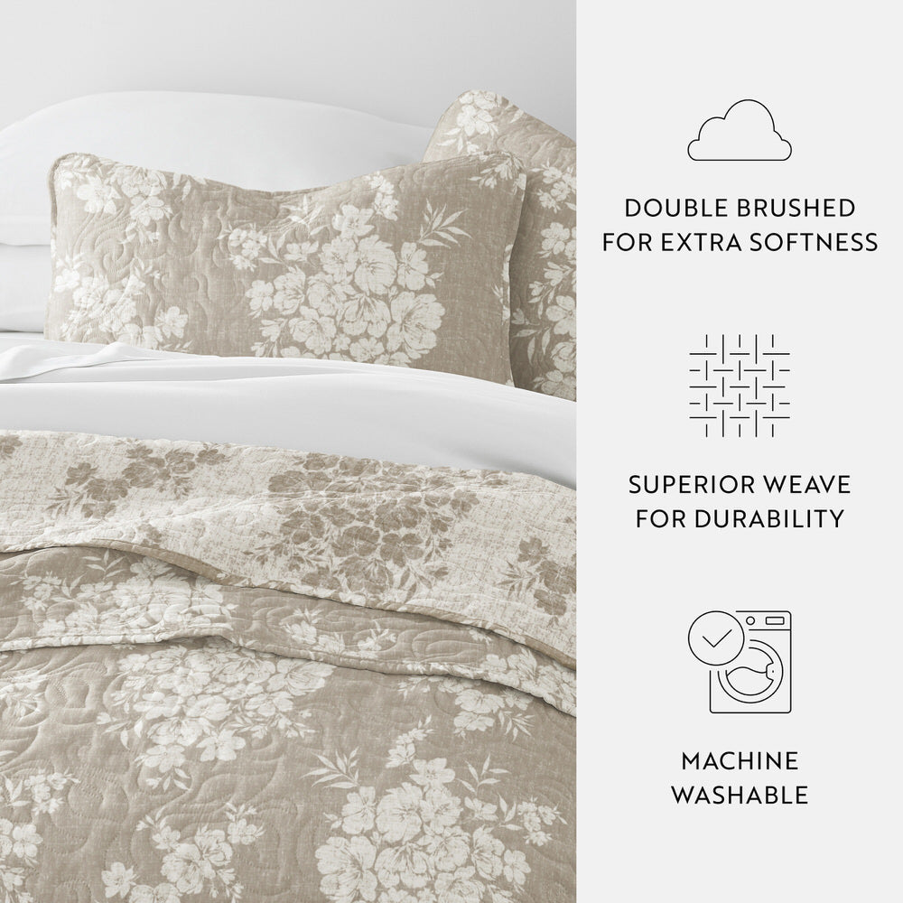Distressed Bouquet Reversible Quilted Coverlet Set - Queen Size Bedding with Matching Shams - Farmhouse Chic Style for Cozy Bedroom Decor