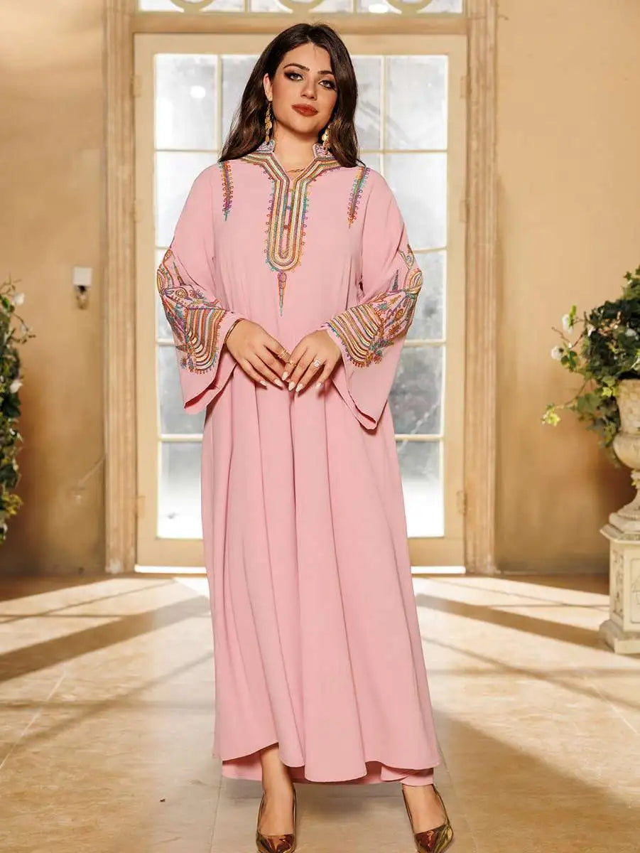 Elegant Eid Rope Embroidery Kaftan Dress for Women - Flowy Muslim Caftan with Intricate Design - Perfect for Eid Celebrations, Weddings & Special Occasions