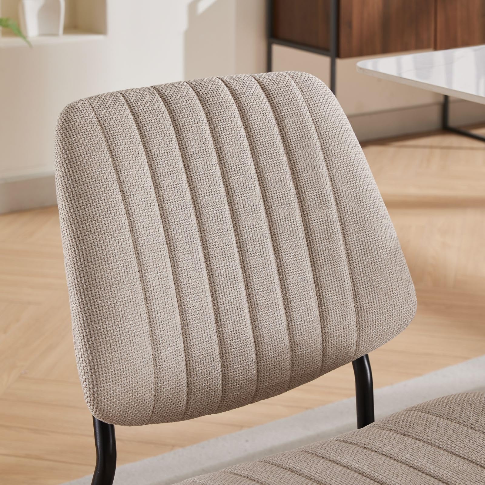 Mid-Century Modern Dining Chairs Set of 2 - Upholstered Retro Linen Chairs with Walnut Bentwood Back & Metal Legs, Adjustable Feet for Kitchen, Dining Room - Beige Vertical Stripes (Perfect for Small Spaces & Contemporary Home Decor)