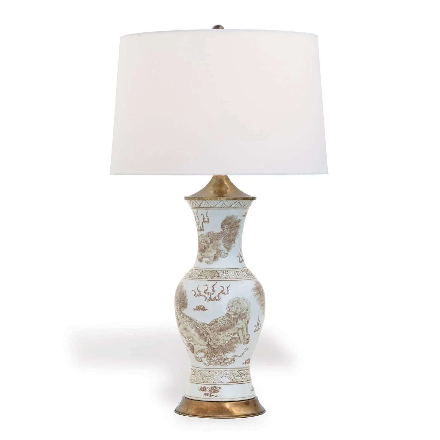 Hand-Painted Brown and White Foo Dog Porcelain Lamp - Traditional Asian Decor for Home, Office, or Meditation Space