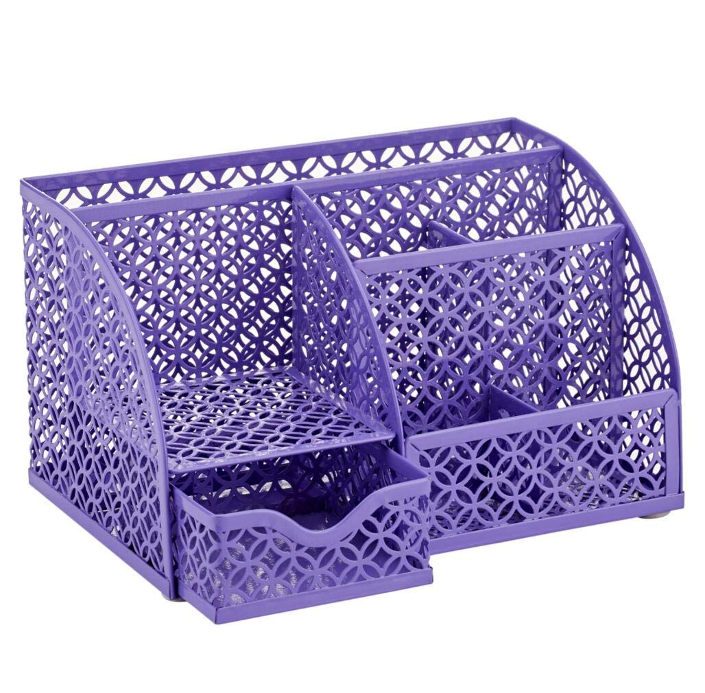 Anova Mesh Desk Organizer - 7 Compartments with Drawer, Pen & Candy Holder for Office & Home Organization (Purple)