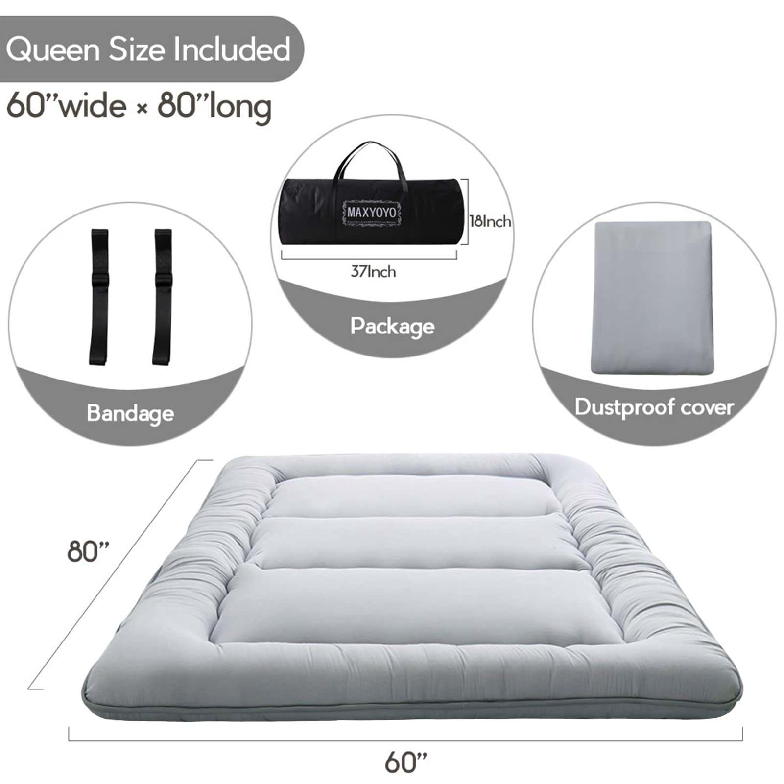 MAXYOYO Japanese Floor Futon Mattress - Portable Foldable Tatami Mattress for Guest Bed, Camping & Small Space Living | Comfortable Floor Sleeping Solution