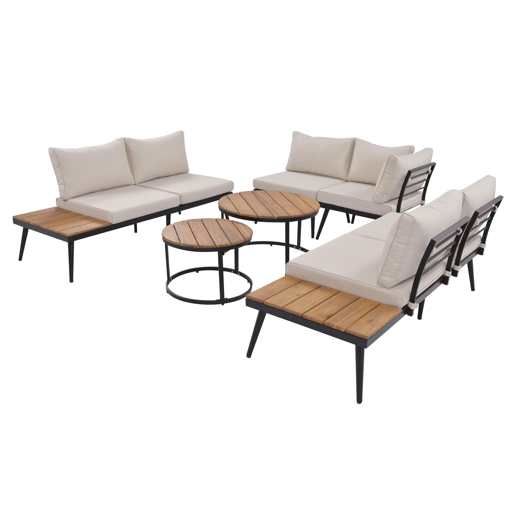 6-Piece Outdoor Sectional Sofa Set with Round Nesting Coffee Tables & Cushioned Seating - Patio, Porch, Garden Furniture for Backyard, Poolside & Outdoor Living Spaces