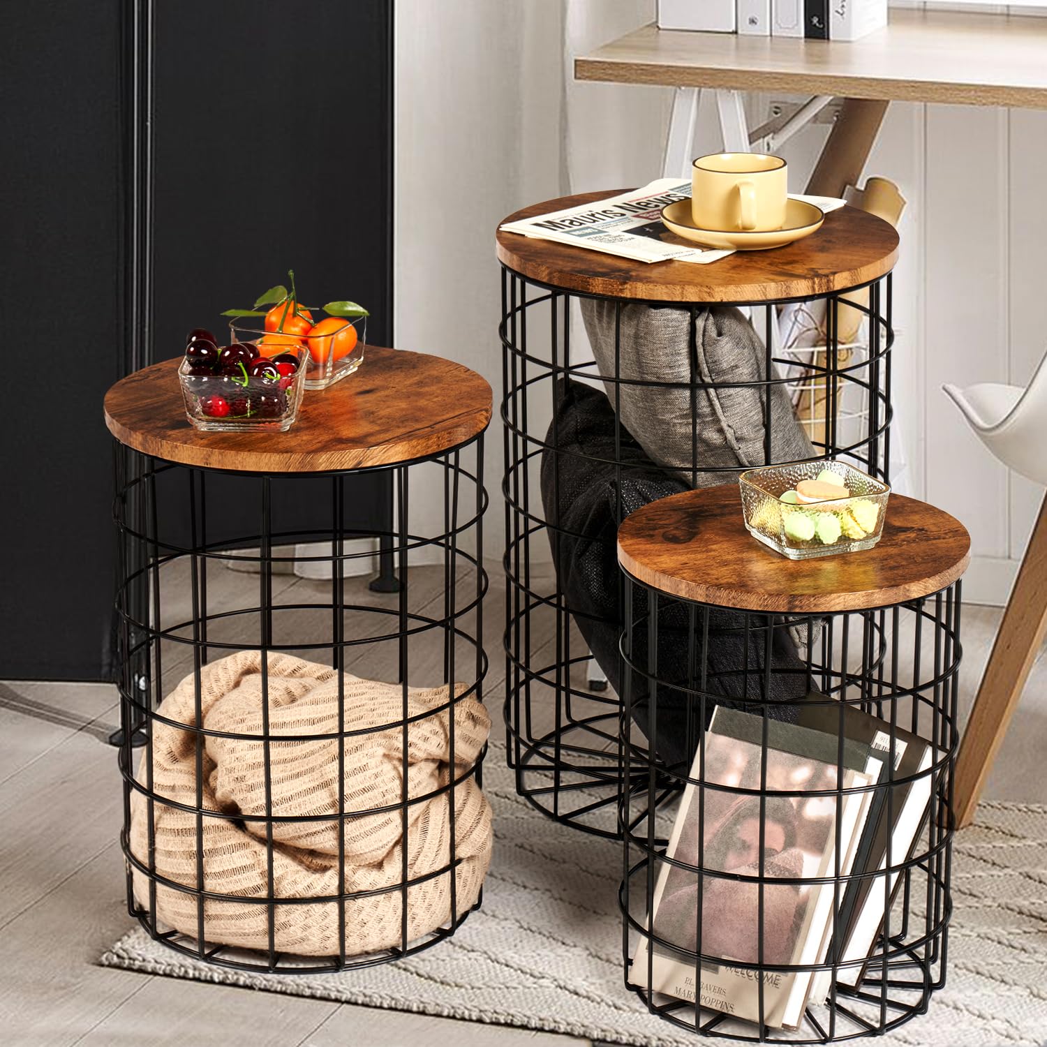 Oneinmil 3-Piece Nesting End Table Set with Storage - Round Side Tables with Removable Lids, Wire Basket Design & Steel Frame - Perfect for Living Room, Bedroom, Office - Rustic Home Decor for Small Spaces & Apartment Living