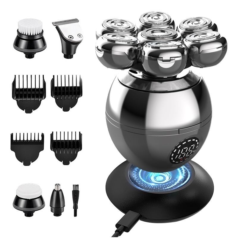5-in-1 Electric Head Shaver for Bald Men - Cordless Waterproof Shaving Kit with LCD Display, Hair Clippers, Nose Trimmer & Cleaning Brush | Perfect for Travel, Gym & Daily Grooming Routine