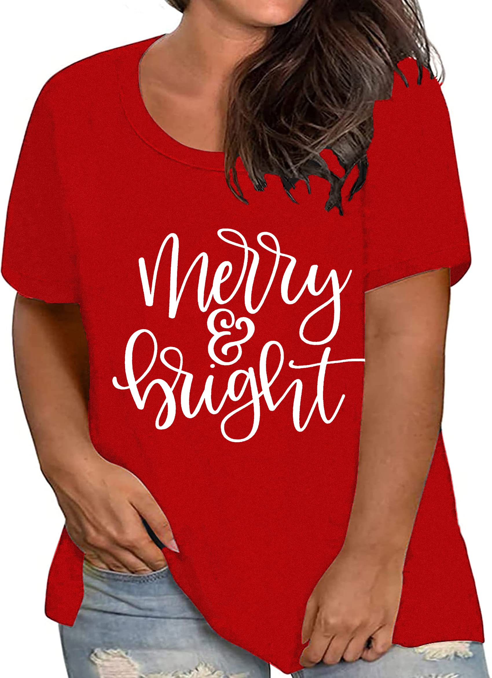 Christmas Plus Size Shirt for Women - Merry and Bright Holiday Tops, Oversized Xmas Tee, Fall Fashion T-Shirt | Perfect for Holiday Parties, Family Gatherings & Festive Outfits