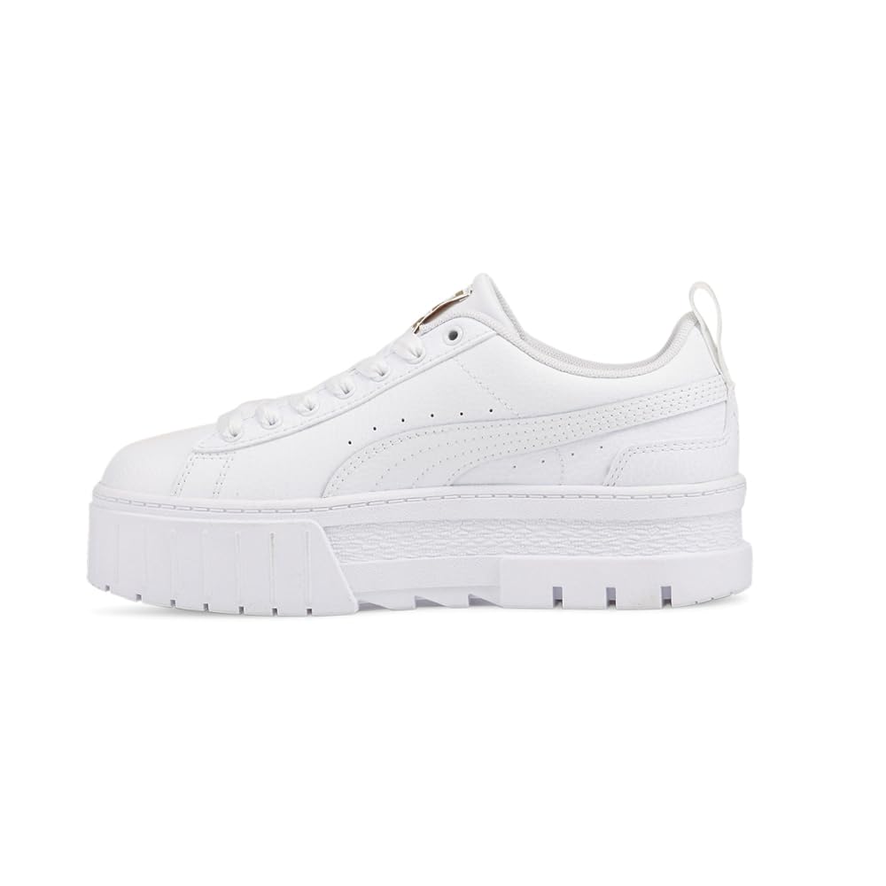 PUMA Mayze Leather Sneakers for Kids - White & Gold Big Kid Size 4 | Stylish & Comfortable for School, Sports & Everyday Wear