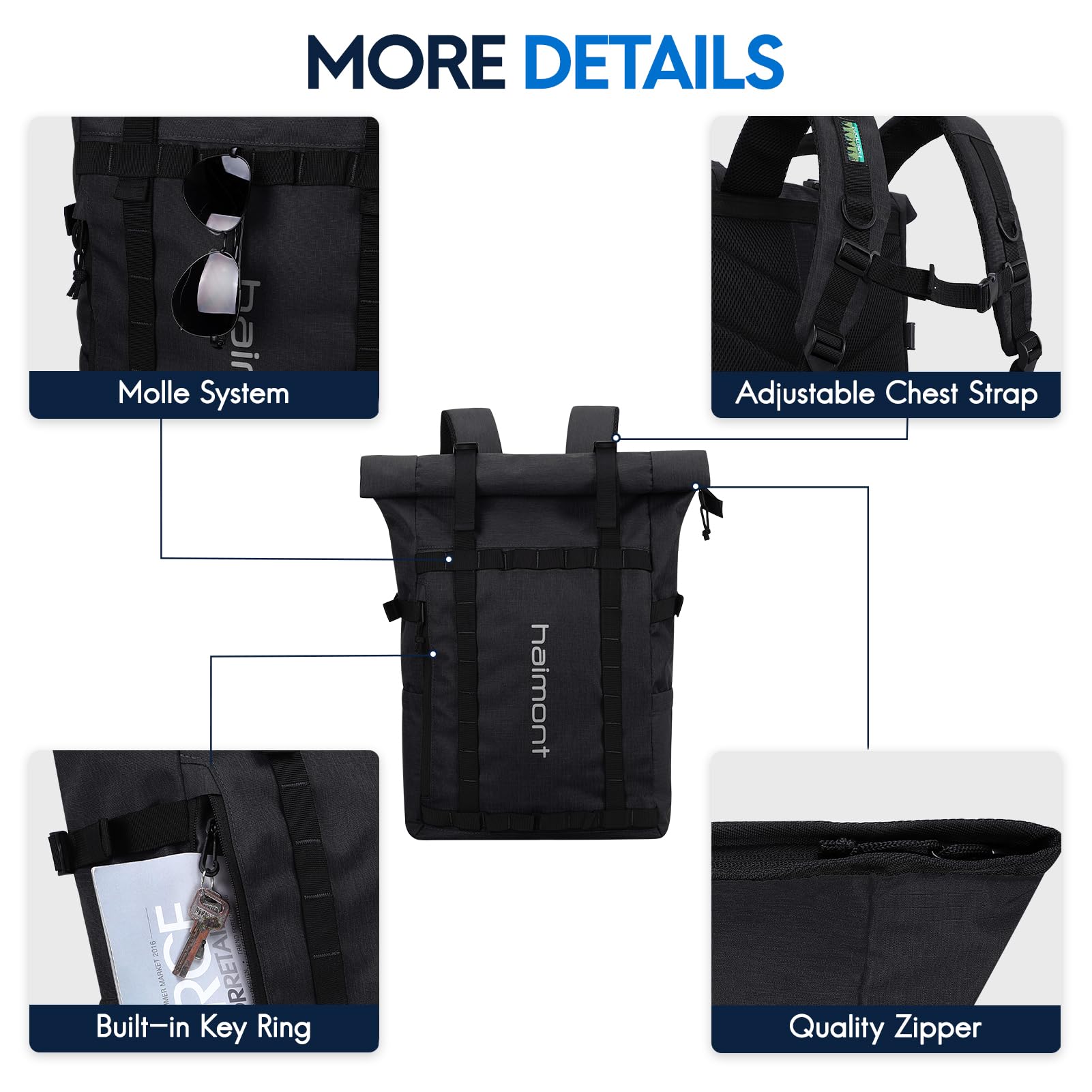 Haimont Water-Resistant 20L Rolltop Backpack for Men & Women - Lightweight Travel Backpack with Laptop Compartment for Work, Hiking, Commuting & Daily Use - Durable Carry-On Daypack (Black)