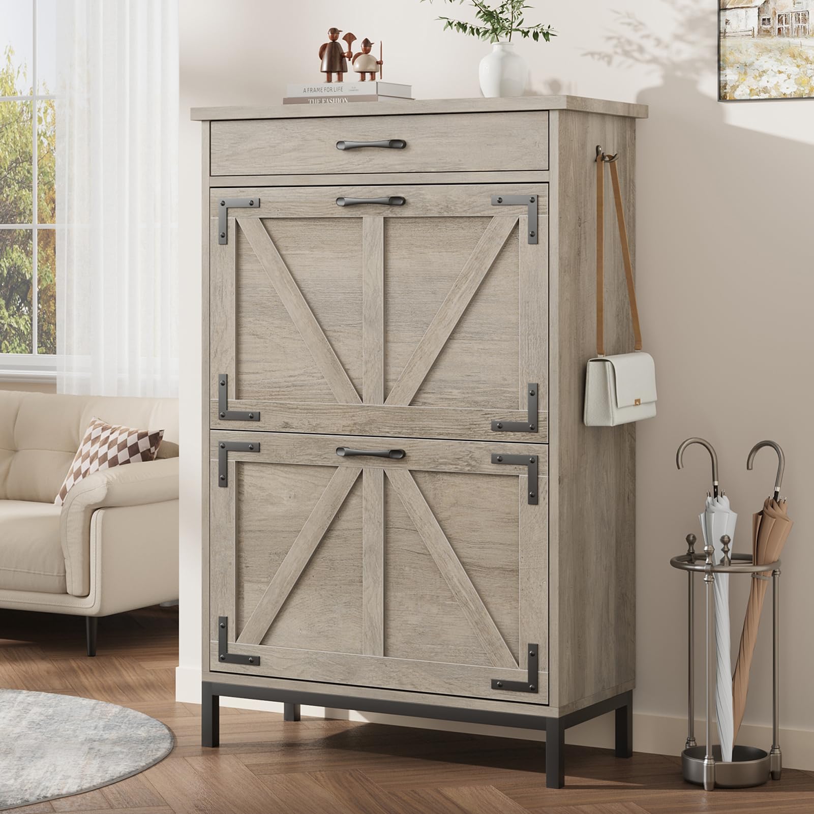 Farmhouse Narrow Shoe Cabinet with 2 Flip Drawers - Hidden Entryway Shoe Storage Organizer, Free Standing Slim Shoe Rack for Hallway, Foyer & Door Entry (Grey) - Perfect for Small Spaces & Clutter-Free Home Organization