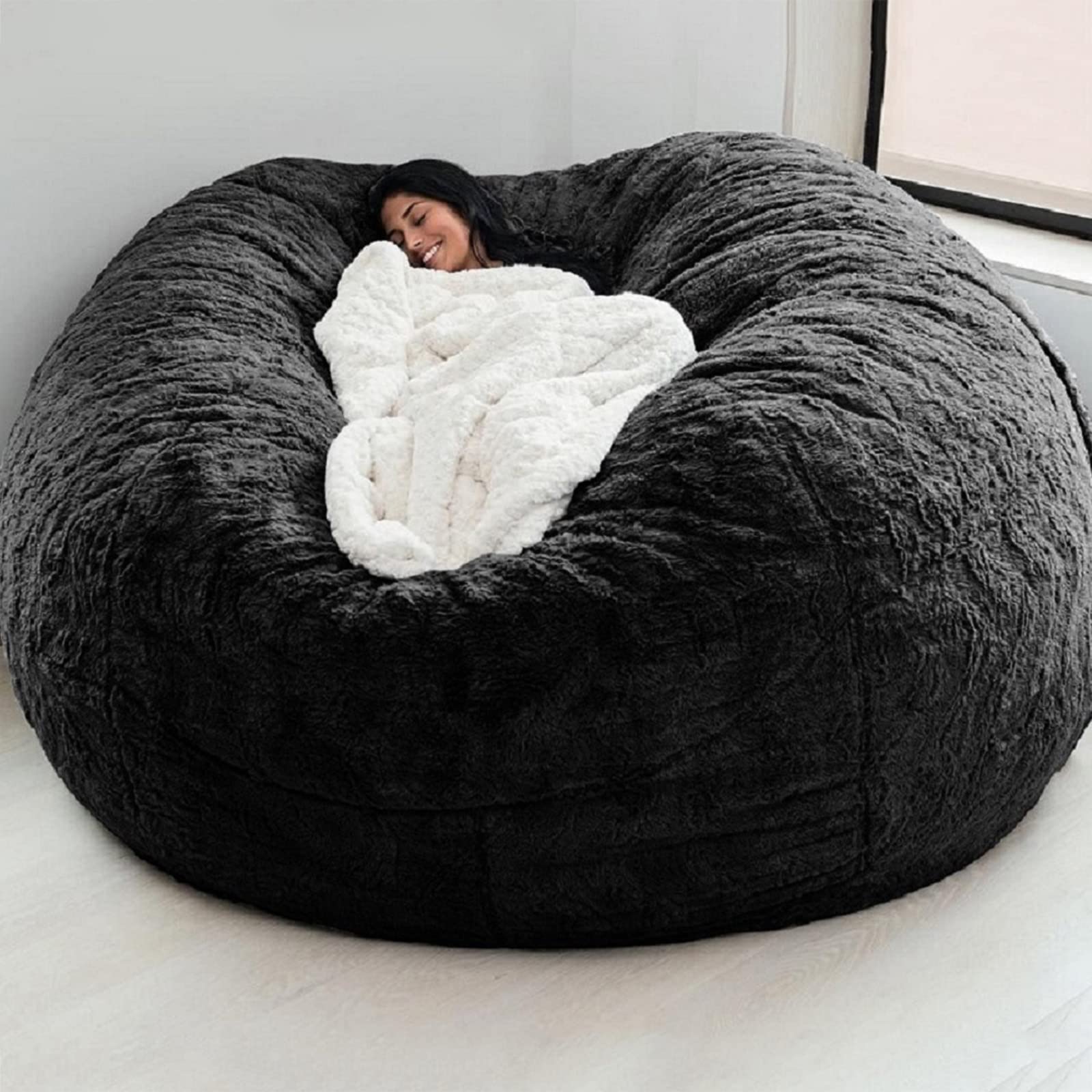 7ft Giant Bean Bag Chair with Memory Foam - No Filler, Faux Fur Cover, Washable Large Lounger Sofa for Adults & Kids - Perfect for Living Room, Bedroom, Game Room and Dorm Relaxation