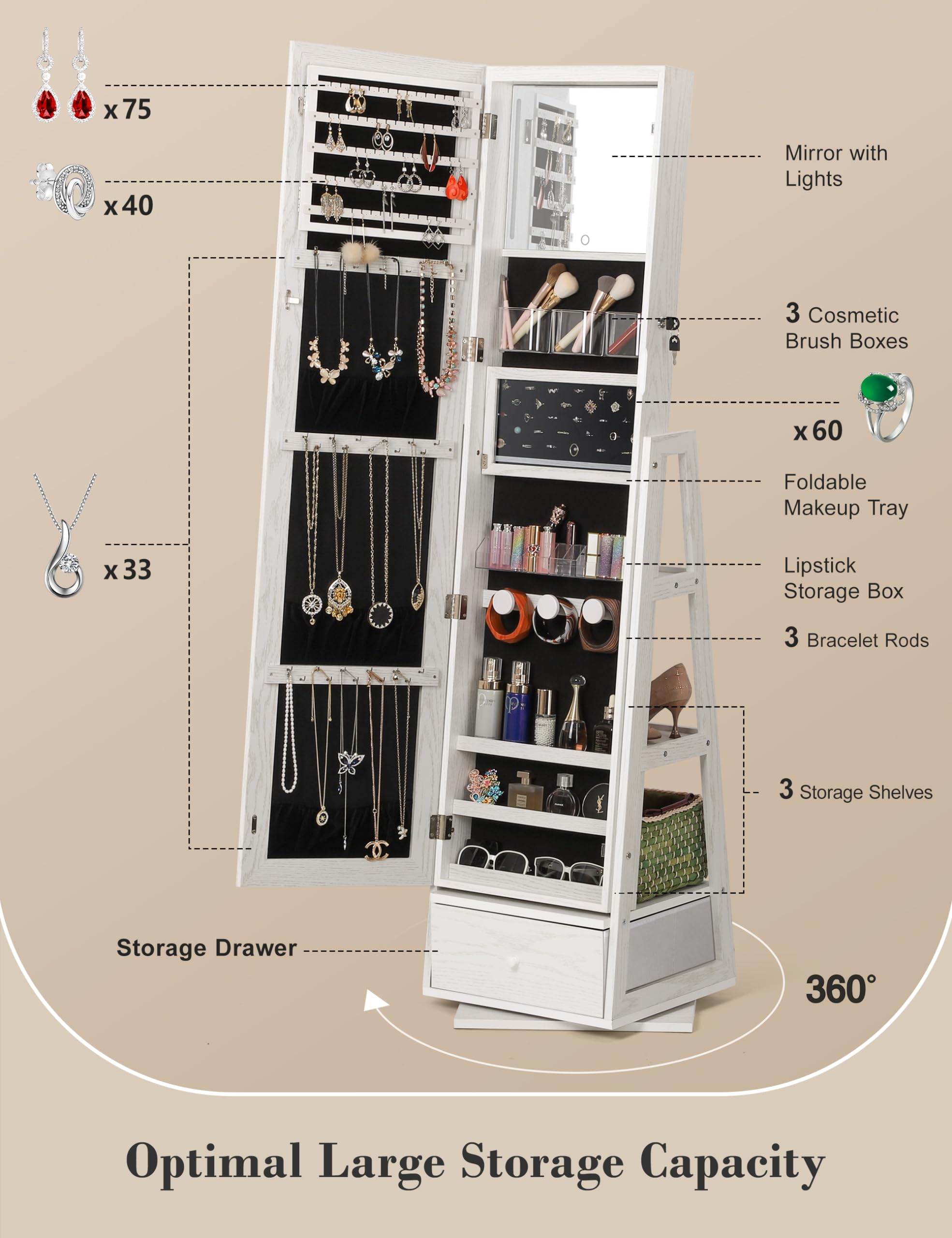 360° Swivel Jewelry Cabinet with LED Lights & Touch Screen Mirror - Rotating Full Length Vanity Mirror with Jewelry Storage Organizer, White Foldable Makeup Stand | Perfect for Bedroom, Dressing Room & Closet Organization