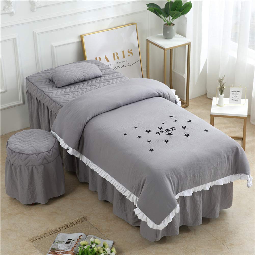 4-Piece Pure Color Skin-Friendly Massage Table Sheet Set with Face Rest Hole - Gray 70x185cm (28x73in) | Spa Bed Cover & Table Skirt for Professional Massage, Facial Treatments & Relaxation Therapy