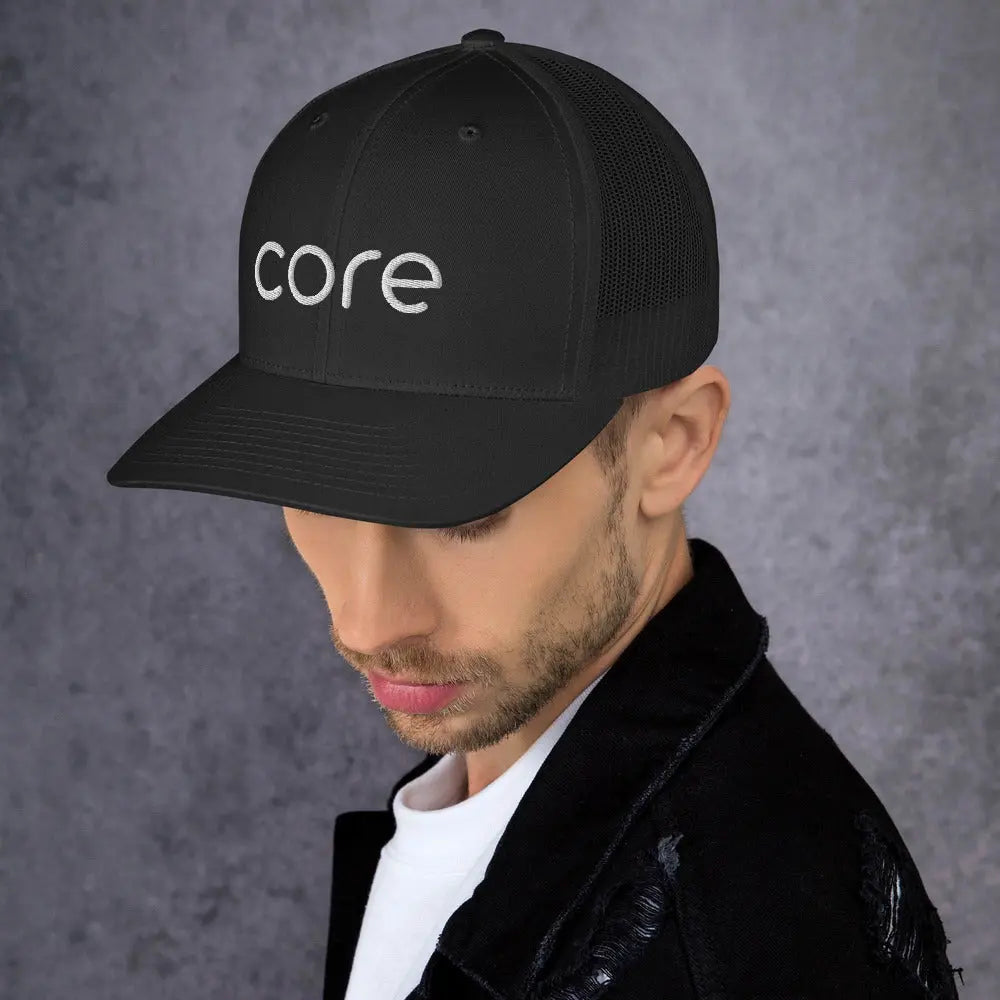 CORE Swimcore Trucker Hat - Black Performance Mesh Snapback for Swimming, Fitness & Outdoor Activities | Breathable & Lightweight Coach Cap for Men & Women