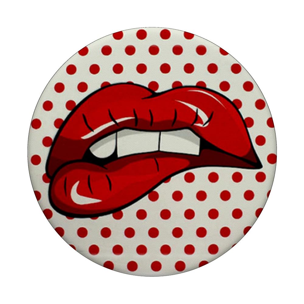 Red White Polka Dot PopSockets PopGrip with Biting Red Lips Design - Swappable Phone & Tablet Grip with Strong Adhesive - Perfect for Selfies, Video Calls, and Secure Device Handling