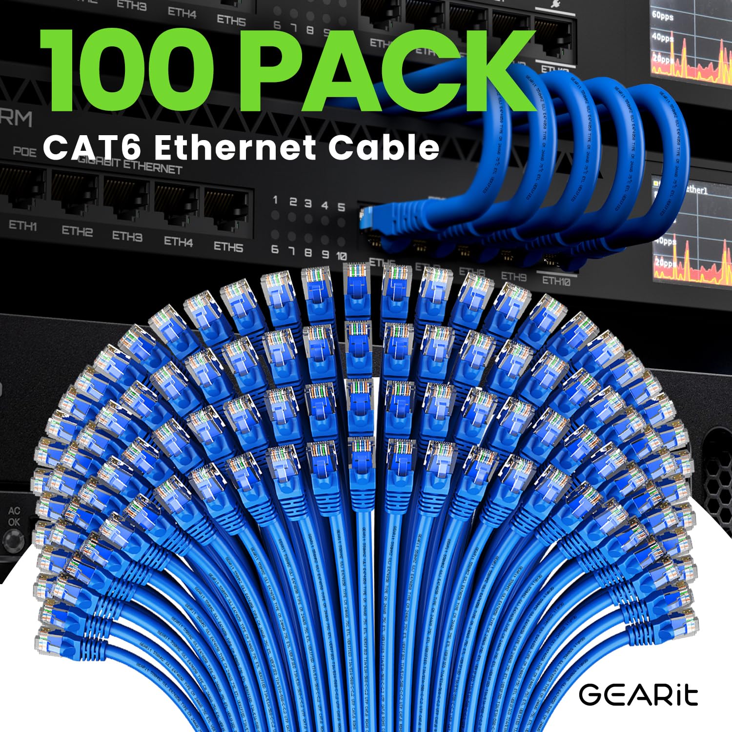 GEARit Cat 6 Ethernet Cable 100-Pack (2 Feet) - 10Gbps High-Speed Snagless RJ45 Network Patch Cord with Gold-Plated Connectors - Ideal for PC, TV, Tablet, Router, Printer, Servers & Data Centers - Perfect for Home Office, Gaming Setup and IT Networking - Blue