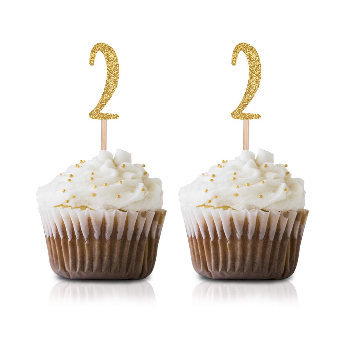 24-Pack Gold Glitter Number 2 Cupcake Toppers - Happy 2nd Birthday Party Decorations for Baby, Toddler & Kids Celebrations - Perfect for Birthday Cakes, Cupcakes & Dessert Table Decor