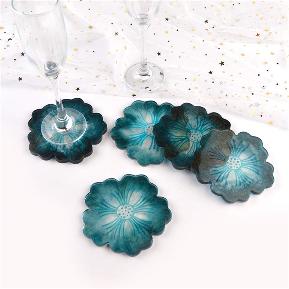 Remanbo Flower Shaped Epoxy Resin Casting Molds Set - 1 Large Tray Mold & 5 Coaster Molds for DIY Home Decor, Wedding Centerpieces & Craft Projects