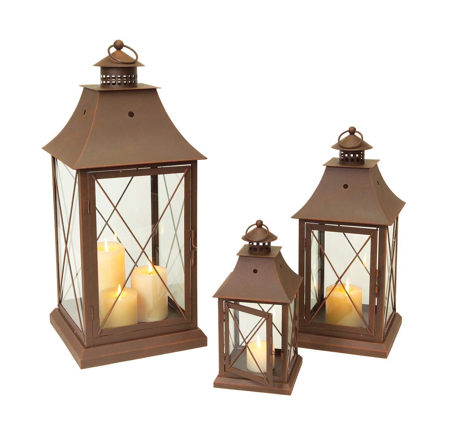 Set of 3 Rustic Brown Wooden Candle Lanterns - 24 Inch Tall Cottage Style Pillar Candle Holders for Farmhouse, Wedding, and Outdoor Decor