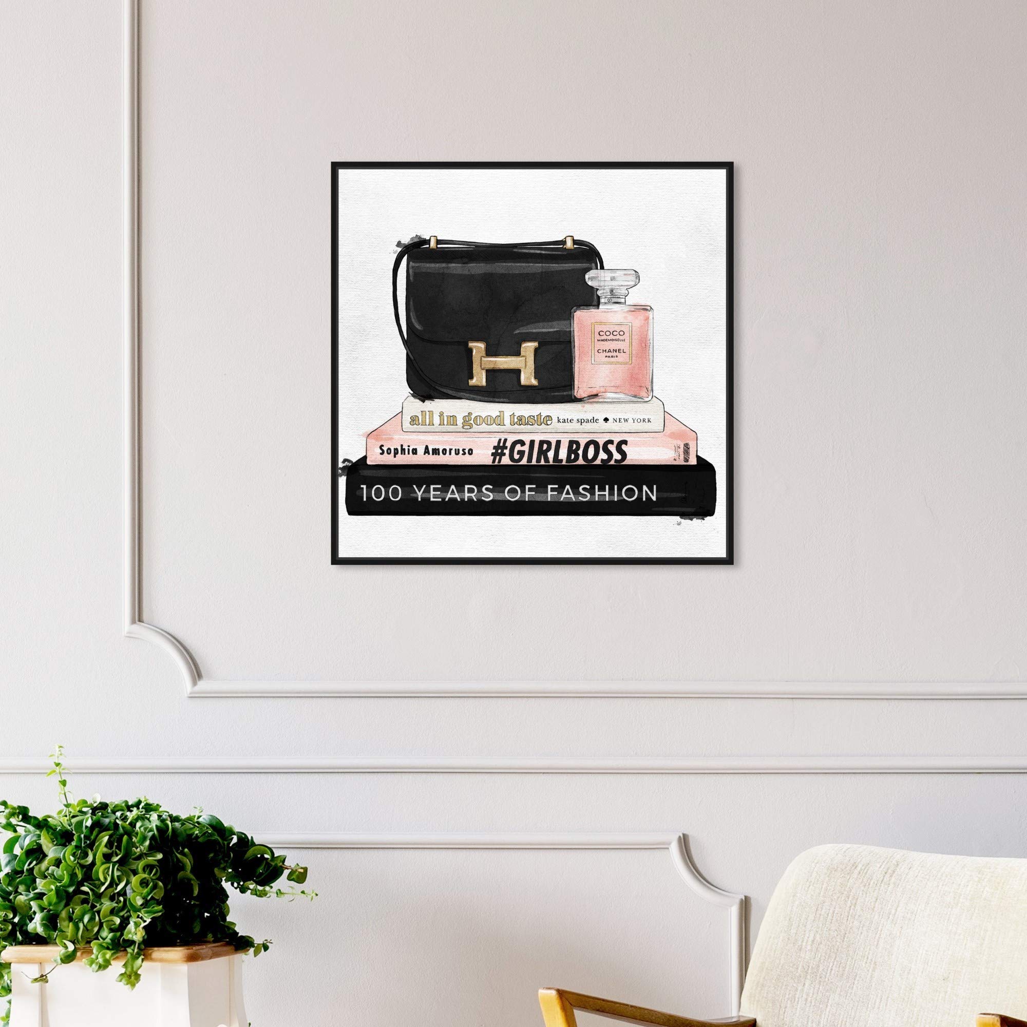 Oliver Gal Artist Co. 'My Always Essentials' Fashion Glam Wall Art - 24x24 Inch Framed Canvas Print in Black & Pink - Perfect for Handbag Lover Home Décor & Bedroom/Office Wall Decor