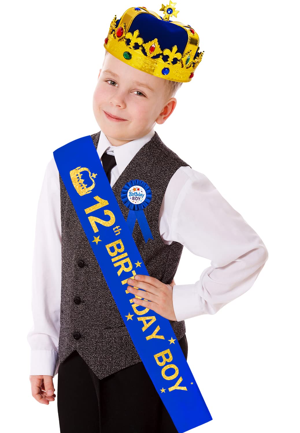 12th Birthday Crown & Sash Set for Boys - King Hat & Birthday Boy Accessories - Perfect for 12th Birthday Parties, Celebrations & Special Events