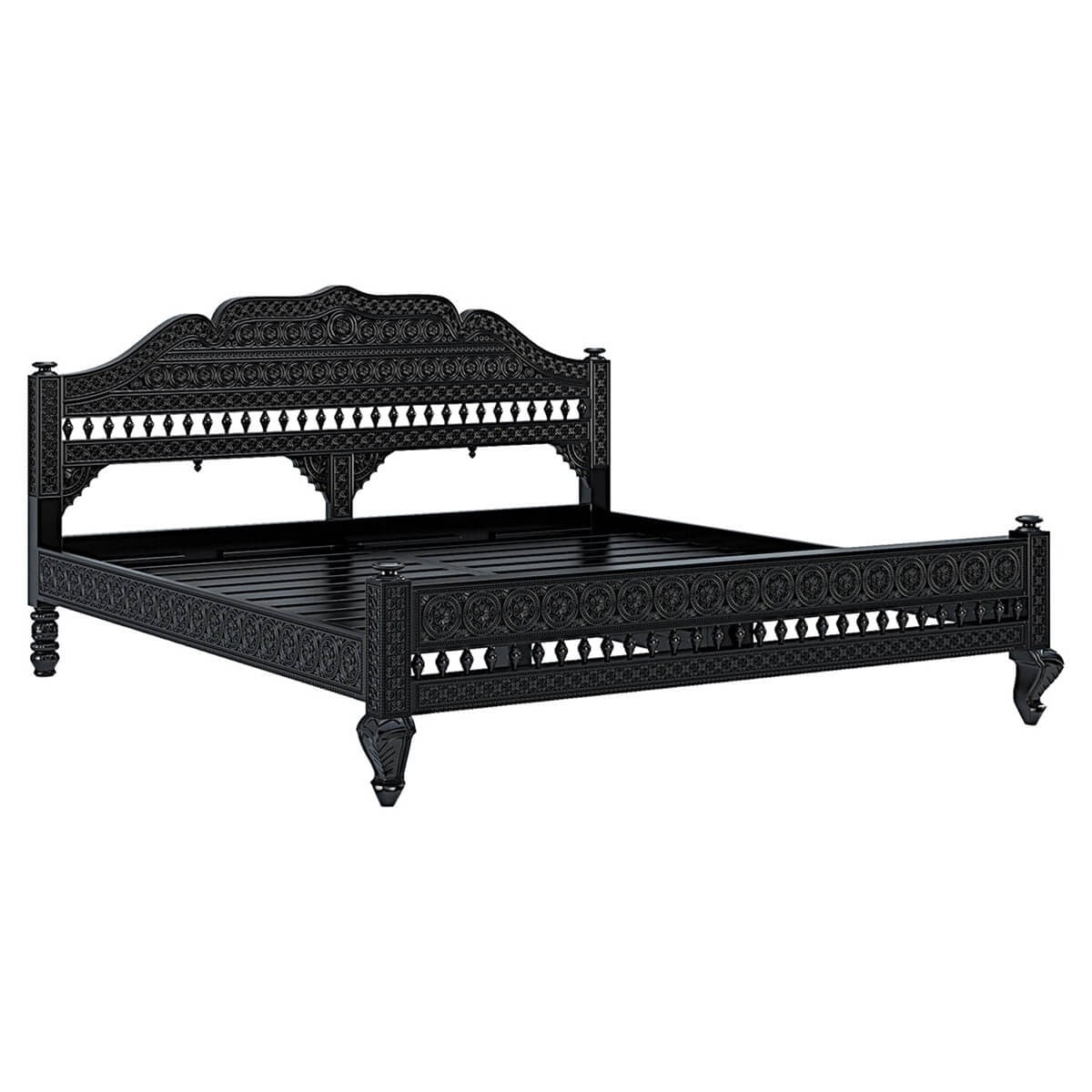 Hand Carved Indian Solid Wood Platform Bed with Mehrab Style Headboard - Floral Design for Bedroom Decor | Elegant & Durable Wooden Bed Frame