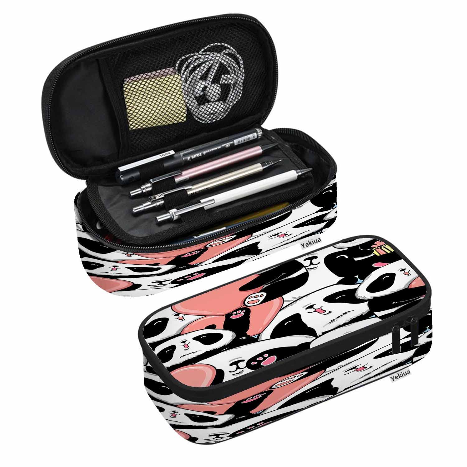 Nicokee Large Capacity Pencil Case - Cute Panda & Heart Bear Cartoon Design for School, Office & Travel - Multi-Compartment Stationery Organizer for Pens, Pencils & Art Supplies (Men, Women & Kids)