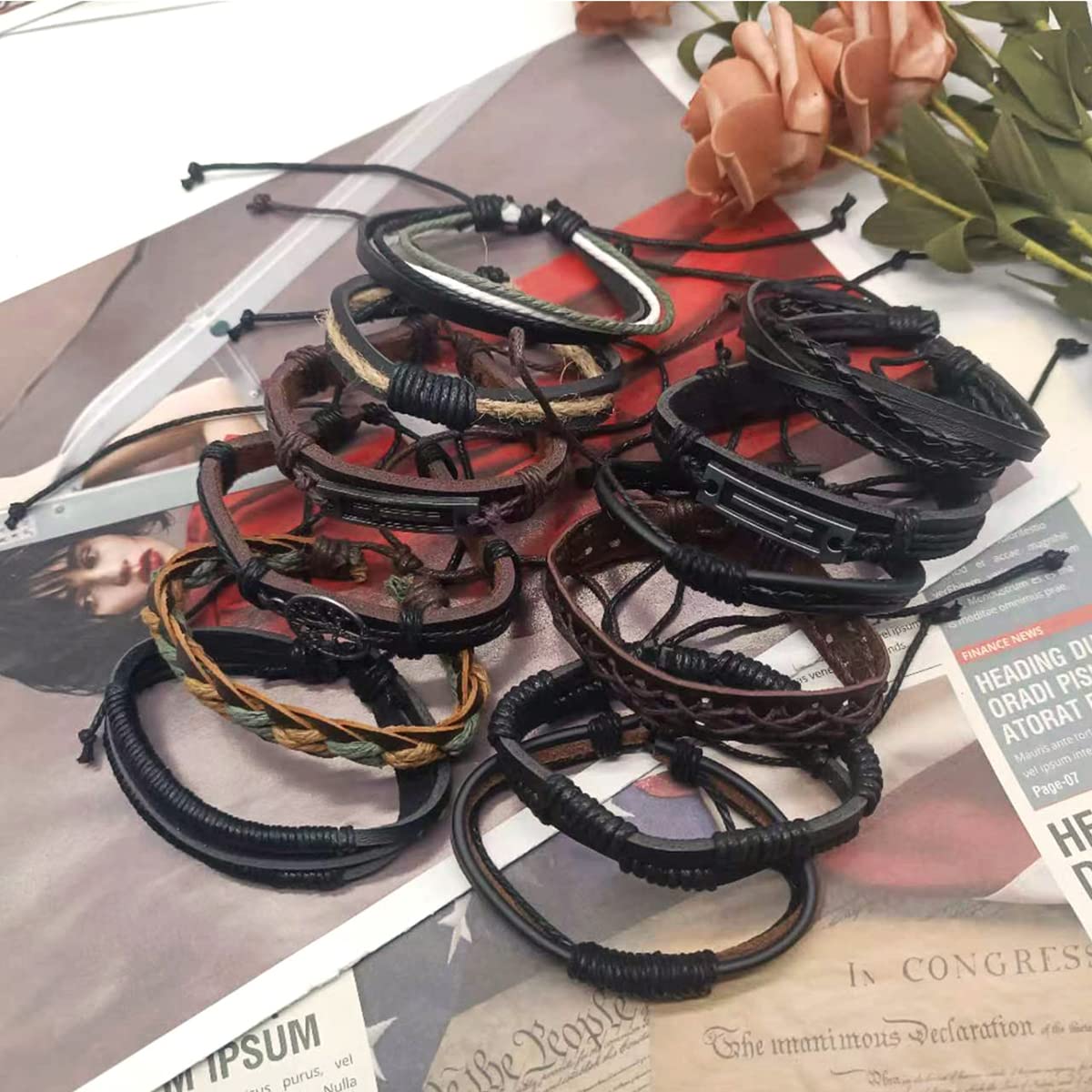 MOZAKA 27Pcs Braided Leather Bracelets for Men & Women - Adjustable Ethnic Tribal Woven Cuff Wrap Friendship Bracelets - Perfect for Gifts, Boho Fashion & Festival Accessories