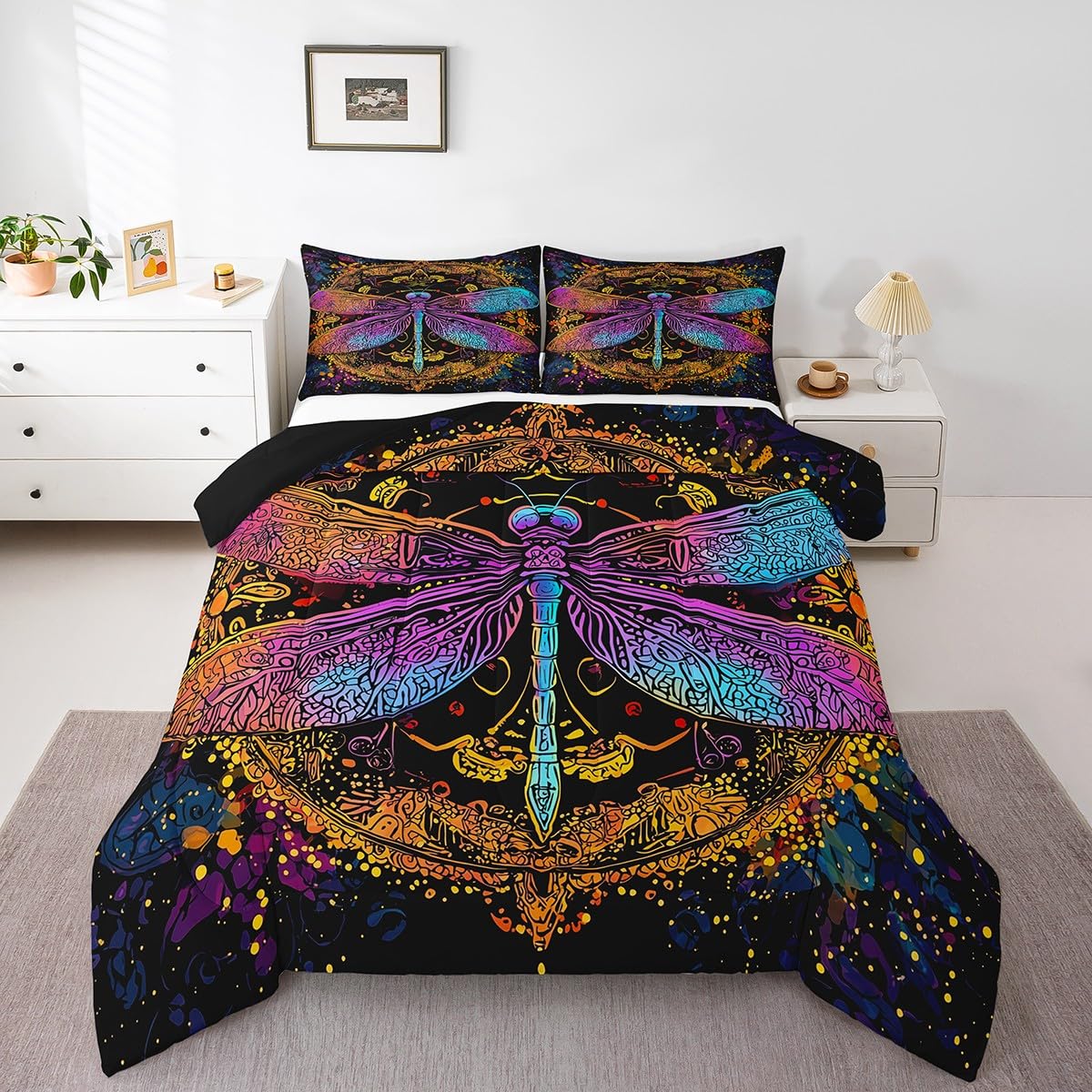 Bohemian Dragonfly Comforter Set - Twin Size Mandala Bedding with Purple Tie Dye Design | Floral Duvet Cover & Quilt for Kids, Teens & Adults | Exotic Trippy Bedroom Decor for Boys, Girls & College Dorms (Black)